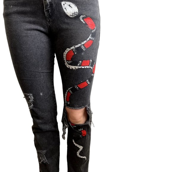 The Ragged Priest Grey Denim Custom Red and Black Snake Design Size 26 - Picture 2 of 5